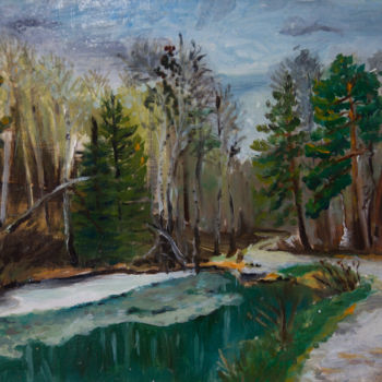 Painting titled "End of April. Lake…" by Olga Smirnova, Original Artwork, Oil