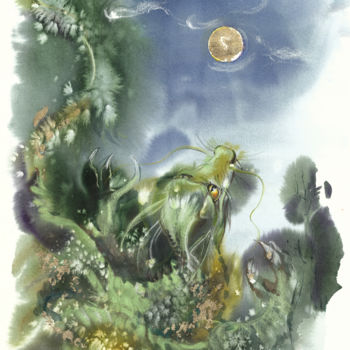 Painting titled "dragon looking at t…" by Tatiana Ponomareva, Original Artwork, Watercolor Mounted on Cardboard