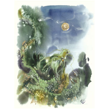 「ДРАКОН  ловит луну」というタイトルの絵画 Tatiana Ponomarevaによって, オリジナルのアートワーク, 水彩画