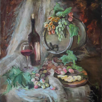 Картина под названием "Виноград с вином" - Аграфена Гандзюк, Подлинное произведение искусства, Масло Установлен на Деревянна…