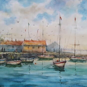 Painting titled "Fisherman 's Wharf" by Artak Zakaryan, Original Artwork, Watercolor
