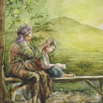 Painting titled "Grandma's Love" by Artak Zakaryan, Original Artwork, Watercolor