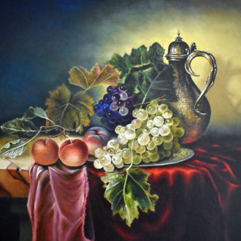 Painting titled "Виноград на красном…" by Alex Bond, Original Artwork, Oil