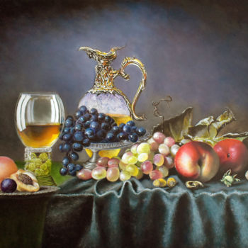 Schilderij getiteld "2 яблока,виноград и…" door Alex Bond, Origineel Kunstwerk, Olie