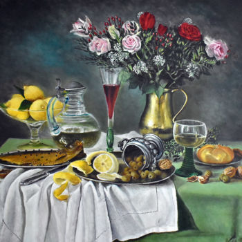 Painting titled "Roses, fish,lemon,…" by Alex Bond, Original Artwork, Oil