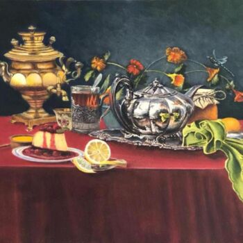 Painting titled "Samovar , tea with…" by Alex Bond, Original Artwork, Oil Mounted on Wood Stretcher frame