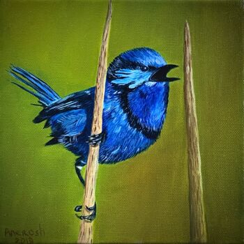 Peinture intitulée "Blue bird" par Anerosh, Œuvre d'art originale, Huile Monté sur Panneau de bois