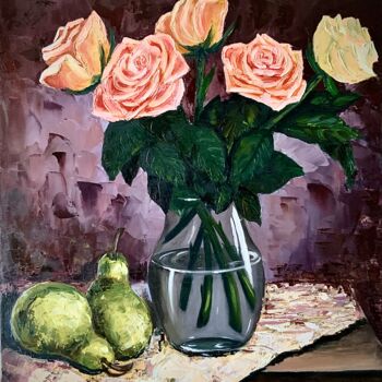 Painting titled "Roses et poires" by Anerosh, Original Artwork, Oil Mounted on Wood Panel