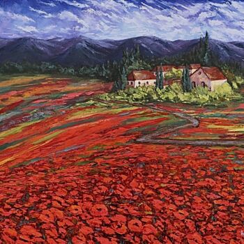 Painting titled "Poppies in Provence" by Anerosh, Original Artwork, Oil Mounted on Wood Panel