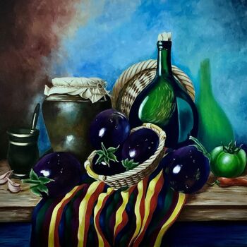 Painting titled "Nature morte aux au…" by Anerosh, Original Artwork, Oil Mounted on Wood Panel