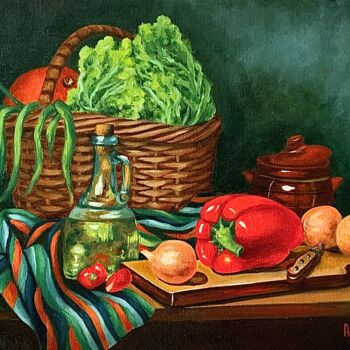 Painting titled "Nature morte aux lé…" by Anerosh, Original Artwork, Oil Mounted on Wood Panel