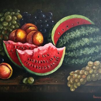 Painting titled "Pastèque, pêches et…" by Anerosh, Original Artwork, Oil Mounted on Wood Panel