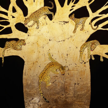 Schilderij getiteld "Leopards on a golde…" door Anastasia Balabina, Origineel Kunstwerk, Olie