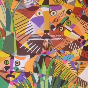 Pintura titulada "les felins et le ba…" por Beatrice Mosseron, Obra de arte original