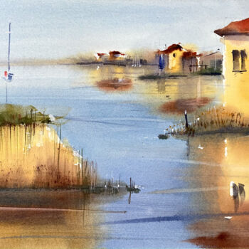 Painting titled "Calmness on the lake" by Anna Boginskaia, Original Artwork, Watercolor