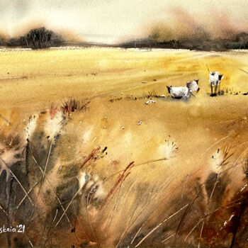 Painting titled "Sheeps in the field" by Anna Boginskaia, Original Artwork, Watercolor