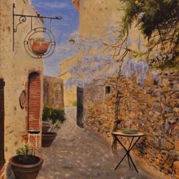 Painting titled "Ruelle de Castelnou" by Sebastien Devore (Art-bracadabrac), Original Artwork, Oil Mounted on Wood Stretcher…