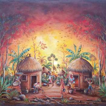 Malerei mit dem Titel "In the Village" von Angu Walters, Original-Kunstwerk, Acryl