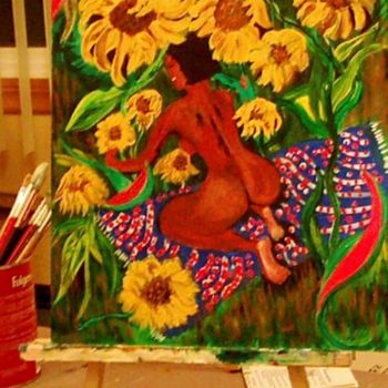 Malerei mit dem Titel "nude in a sunflower…" von Adele Steinberg, Original-Kunstwerk