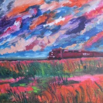 Malerei mit dem Titel "Train in the prairi…" von Adele Steinberg, Original-Kunstwerk, Öl