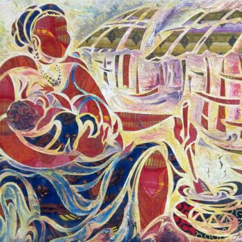 Peinture intitulée "Une Mère comblée" par Augustin Tshimpe Wa Nzambi, Œuvre d'art originale, Huile