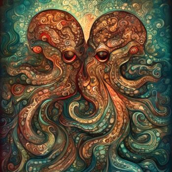 Arts numériques intitulée "Octopuses Kissing" par Artcypia, Œuvre d'art originale, Image générée par l'IA