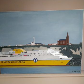 Painting titled "Car ferry" by Jean Claude Vangeon Angot, Original Artwork, Ink
