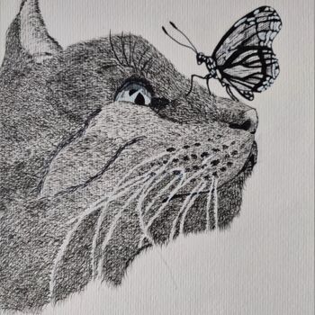 Dessin intitulée "Chat Papillon" par Noémie Richard, Œuvre d'art originale, Crayon