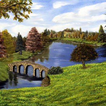 Painting titled "Ponte sul lago" by Accarò, Original Artwork, Oil