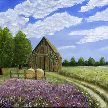 Painting titled "Campo di violette" by Accarò, Original Artwork, Oil