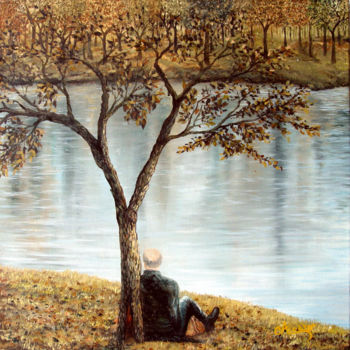 Pintura intitulada "L'uomo del lago" por Accarò, Obras de arte originais, Óleo