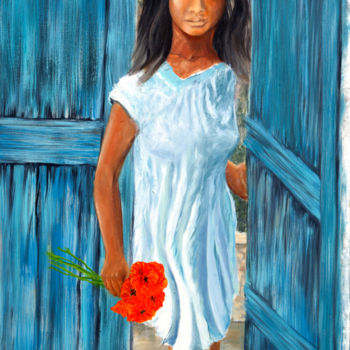 Painting titled "ragazza con papaveri" by Accarò, Original Artwork, Oil