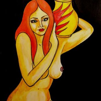 Pittura intitolato "Rossa con il vaso" da Angelo Pisciotta, Opera d'arte originale, Tempera
