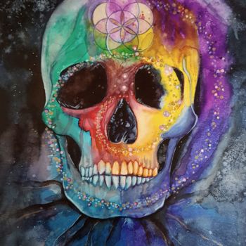 Peinture intitulée "Cosmic Skull" par Artéâme, Œuvre d'art originale, Aquarelle