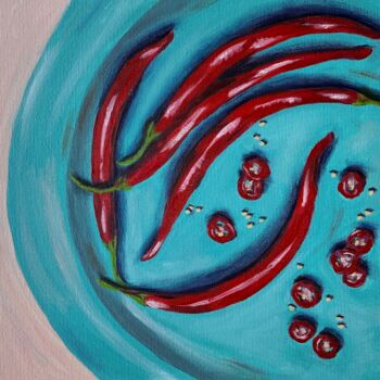 Schilderij getiteld "''Red Chilies'' Pep…" door Elena Tuncer, Origineel Kunstwerk, Olie