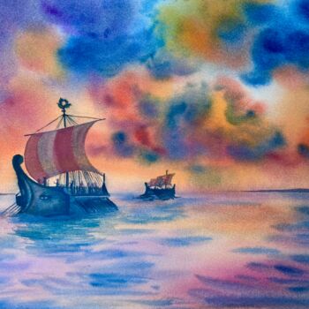 Картина под названием "''Ancient Sailing''…" - Elena Tuncer, Подлинное произведение искусства, Акварель