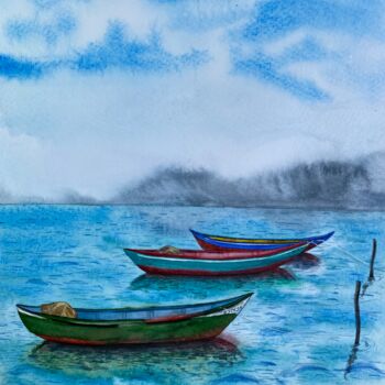 Картина под названием ""Calm Breeze"Boats…" - Elena Tuncer, Подлинное произведение искусства, Акварель