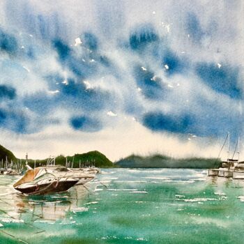 Картина под названием ""In the Bay"Yachts…" - Elena Tuncer, Подлинное произведение искусства, Акварель