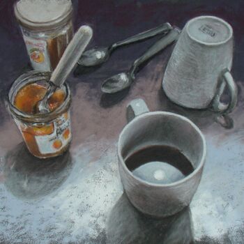 Dessin intitulée "L'oeil dans le café" par Artelierdedomi, Œuvre d'art originale, Pastel