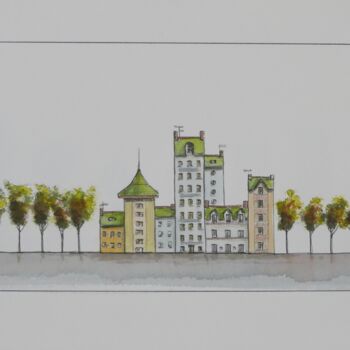 Painting titled "Les toits verts" by Artelierdedomi, Original Artwork, Watercolor