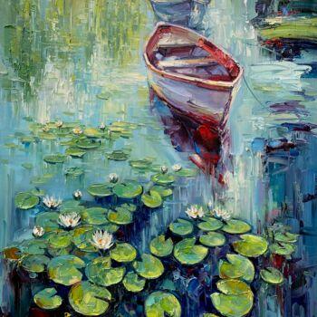 Painting titled "Waterlilies" by Artem Grunyka, Original Artwork, Oil Mounted on Wood Stretcher frame
