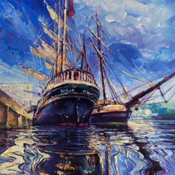Painting titled ""Ship harbor " (202…" by Artem Grunyka, Original Artwork, Oil