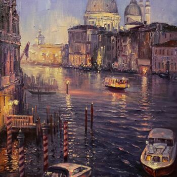 Painting titled "Evening Venice" by Artem Grunyka, Original Artwork, Oil Mounted on Wood Stretcher frame