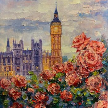「London Flowers」というタイトルの絵画 Artem Grunykaによって, オリジナルのアートワーク, オイル ウッドストレッチャーフレームにマウント