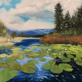 Painting titled ""Lily Pads and Peak…" by Artem Grunyka, Original Artwork, Oil Mounted on Wood Stretcher frame