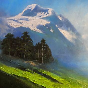 Painting titled ""Near the hill"100c…" by Artem Grunyka, Original Artwork, Oil Mounted on Wood Stretcher frame