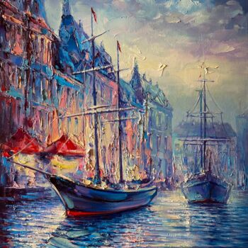 Painting titled ""Night harbor"" by Artem Grunyka, Original Artwork, Oil Mounted on Wood Stretcher frame