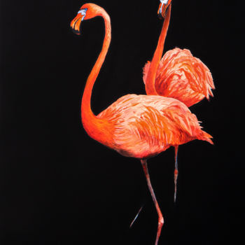 Painting titled "Flamingos love" by Artem Pavlyukov, Original Artwork, Watercolor