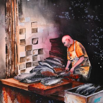 Pittura intitolato "Fisherman" da Artem Pavlyukov, Opera d'arte originale, Acquarello