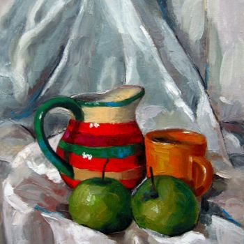 Schilderij getiteld "Two Mugs Two Apples…" door Gheorghe Iergucz, Origineel Kunstwerk, Olie